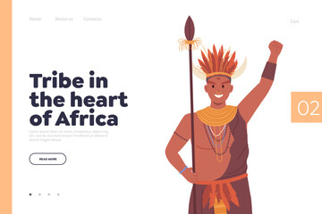 Landing page template with tribe in heart of Africa concept and cartoon man shaman holding spear