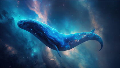 a nebula shaped like a blue whale in outer space realistic 8K