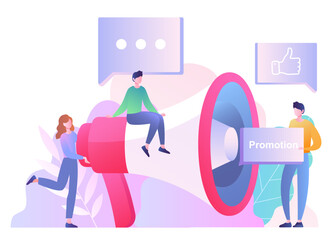 Concept of promotion. Characters with big loudspeaker, megaphone. Marketers and advertising, promotion of goods on Internet and social networks. Team of PR managers. Cartoon flat vector illustration