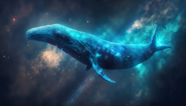 a nebula shaped like a blue whale in outer space realistic 8K