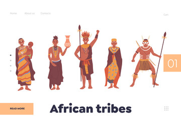 African tribes landing page design template with male or female character in traditional clothes