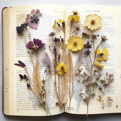 Vintage yellow dried flowers and herbal pressed in the book. Dry rustic bloom floral herbarium in album. Generative AI 
