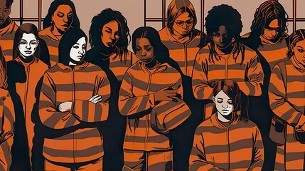 american women in striped orange suits behind jail bars. Females  in colorful overalls. Law and justice concept. Illustration, Generative AI. - obrazy, fototapety, plakaty