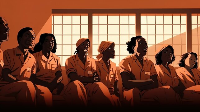 american women in orange suits behind jail bars. Females  in colorful overalls. Law and justice concept. Illustration, Generative AI.