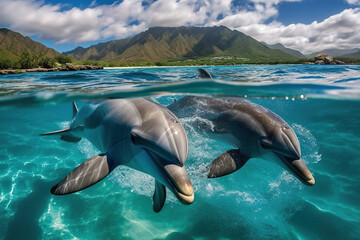 Fototapeta premium Immerse Yourself in the Exhilaration of Playful Dolphins: Breathtaking Photo