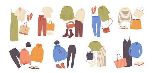 Set of isolated different seasonal clothing dress-up combinations in casual style for woman