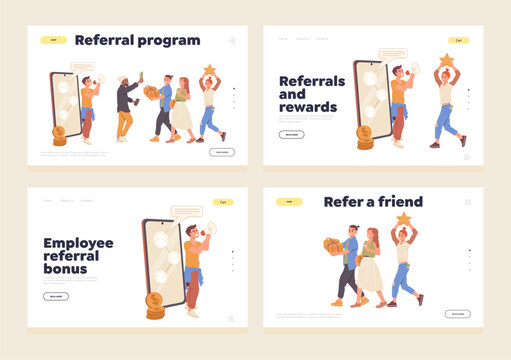 Set of landing page for social media online service offering referral loyalty program for customers