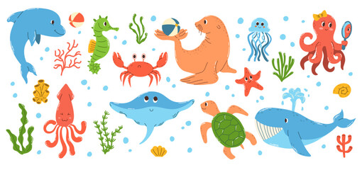 Naklejka na ściany i meble Set of colorful hand drawn marine animals and objects underwater world in flat vector style.