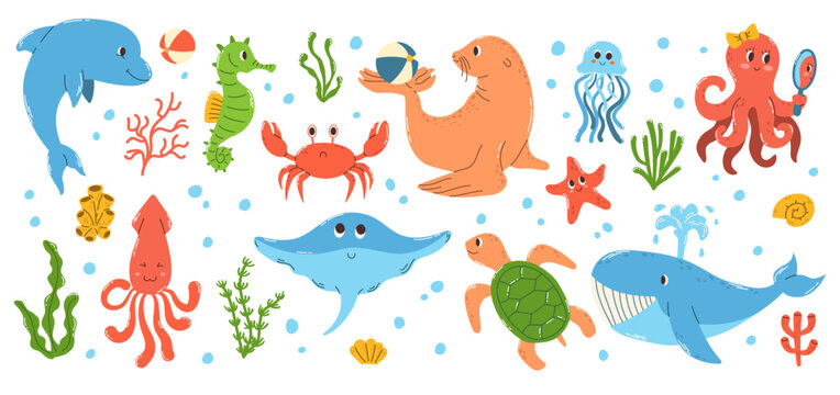 Set of colorful hand drawn marine animals and objects underwater world in flat vector style.