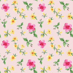 Seamless watercolor pattern with exotic tropical flowers. Hibiscus, alamanda, yellow bell. Botanical illustration isolated on pink background. Can be used for fabric prints, gift wrapping paper