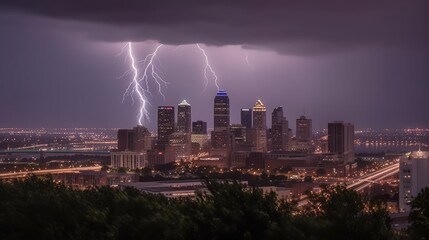 Fototapeta premium A dramatilightning storm illuminating the skyline AI generated