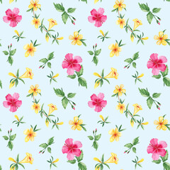 Seamless watercolor pattern with exotic tropical flowers. Hibiscus, alamanda, yellow bell. Botanical illustration isolated on blue background. Can be used for fabric prints, gift wrapping paper