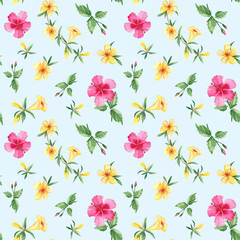 Seamless watercolor pattern with exotic tropical flowers. Hibiscus, alamanda, yellow bell. Botanical illustration isolated on blue background. Can be used for fabric prints, gift wrapping paper