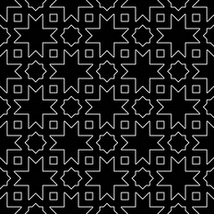 Seamless surface pattern design with Moroccan stars and crosses tiles ornament. Oriental traditional ornamentation with repeated geometric shapes. Ancient mosaic wallpaper. Grid motif. Digital paper.