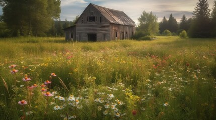 Fototapeta na wymiar A flower filled meadow with a picturesque barn AI generated