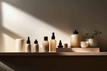 Aesthetic high-end still life photograph of shelves filled with unbranded minimal luxury beauty and skin care products