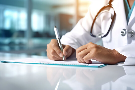 A medical professional’s hands writing on a document, doctor, nurse, consultant. A.I. generated.
