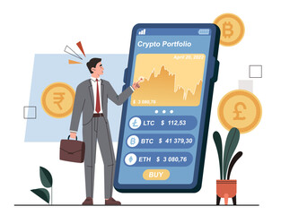 Cryptocurrency market concept. Man in suit with briefcase looks at smartphone screen. Investment and trading, economics. Graphs and charts, diagrams, analytics. Cartoon flat vector illustration