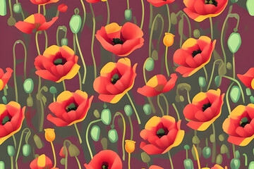 A floral seamless pattern with meadow flowers (yellow and red poppies) and green buds  on a pink background. Generative AI.