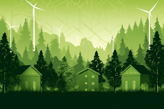 Green houses among trees and wind turbines. Simple sustainability ecology web background monotone green leaves - Generative ai