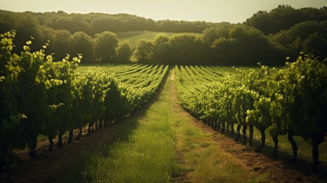 A lush green vineyard with perfectly tended grapevin AI generated