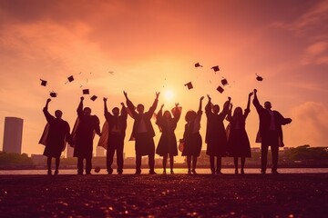 A painting depicting university graduates throwing their hats off at sunset with generative AI