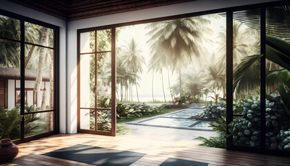 Obraz premium Open tropical yoga studio place with view outside to the beautiful garden with palm trees and ocean