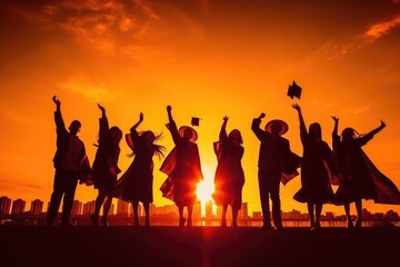 A painting depicting university graduates throwing their hats off at sunset with generative AI