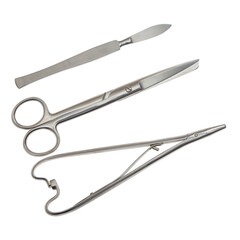 scalpel scissors and clamp surgical instrument on white background