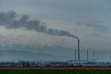 Coal power plant with smoke in Bishkek Kyrgyzstan