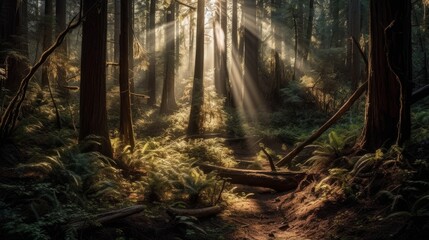 Obraz premium A mysterious forest with the rays of sun peeking thr AI generated