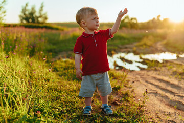 Two-year-old child standing in a field with his hand up