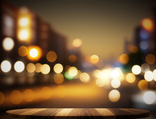 Wooden empty top table with blur night city street view. Tabletop with lights effect bokeh of cityscape on background. Generative AI - 600249761