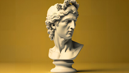 Creative. Plaster statue of Apollo’s head in bitcoinglasses. Minimal concept art. 3d render.