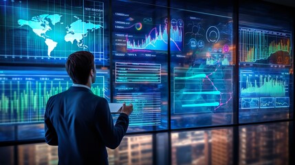 AI-Enhanced Business Analysis: Businessman Analyzing Company Financial Balance Sheet with Digital Virtual Graphics