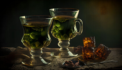 Glasses of absinthe with brown sugar - obrazy, fototapety, plakaty