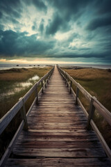 Fototapeta premium Boardwalk leading to the heaven, divine style, holy fantasy. AI generative