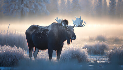 Mature bull moose (Alces alces) feeding in early morning with frost in the field