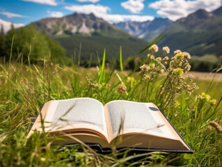 Book on the meadow with mountain at background. AI generative