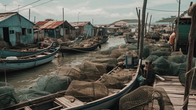 A small fishing village with boats and nets AI generated