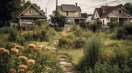 Fototapeta na wymiar A suburban neighborhood with overgrown weeds AI generated