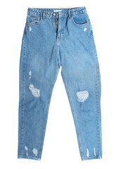 Girl's denim jeans pants with scuffs on a white background