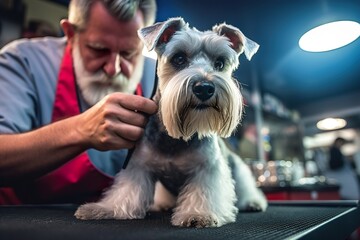 Schnauzer gets hair cut at Pet Spa Grooming Salon . Generated ai Generative AI