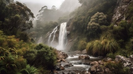 Fototapeta na wymiar A towering waterfall with misty spray AI generated