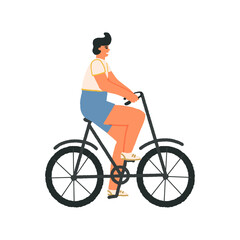 A young man or teenage boy rides a cycle or bike. Transport for outdoor pastime, riding. Vector isolated illustration.