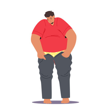 Fat Man Fights Zipper On Tight Pants In Hilarious Struggle With Bulging Belly And Frustration, Vector Illustration