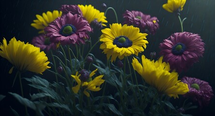 Fototapeta na wymiar Yellow and purple flowers in the garden on a rainy day. Background. Generative AI