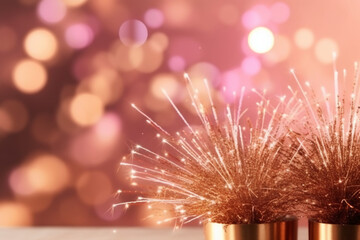Gold and pink Fireworks and bokeh in New Year eve and copy space. Abstract background holiday. AI generative