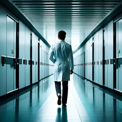 Médecin marchant dans un couloir, solitude, générative AI
