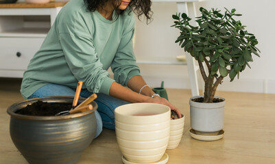 Woman grows potted plants at home watering and take care flowers - gardening and houseplant care concept